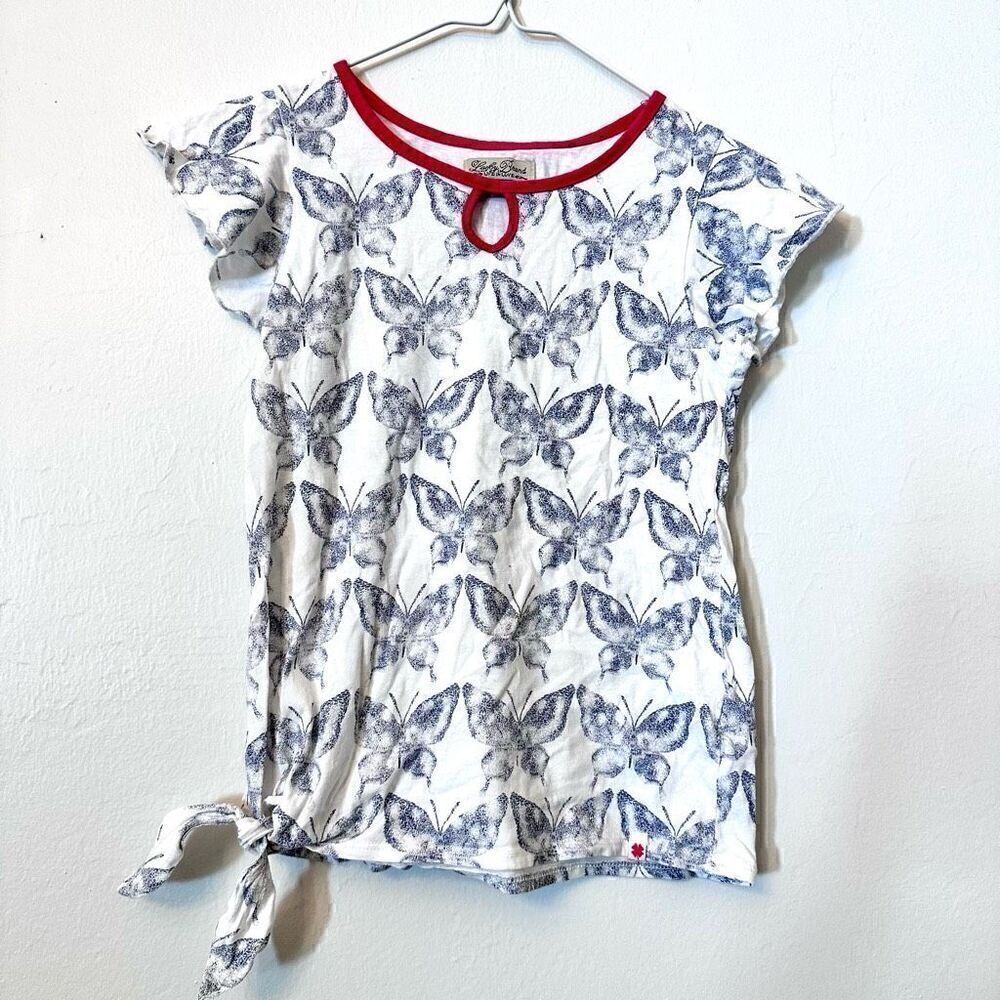 Lucky Brand Girls Summer Shirt Butterfly Print Tie Side Scoop Neck Blue Medium